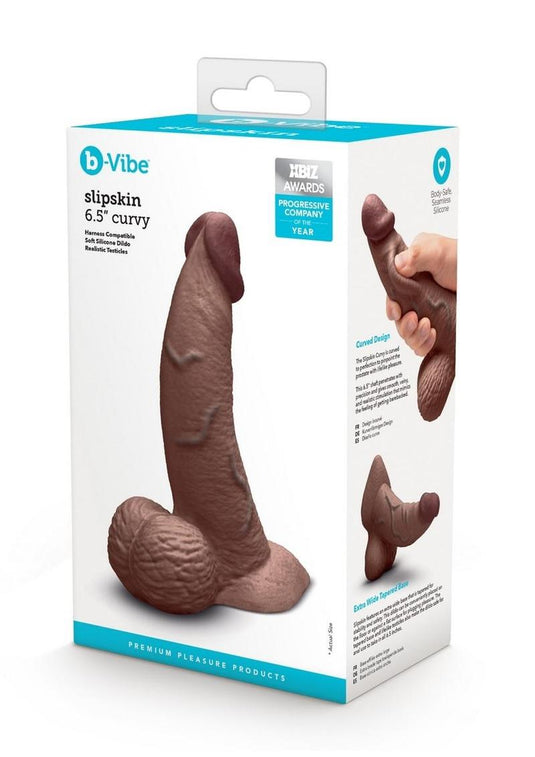 B-Vibe Slipskin Realistic Silicone Curved Dildo - Chocolate - 6.5in