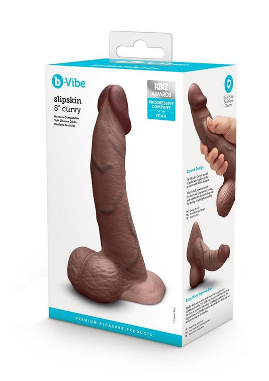 B-Vibe Slipskin Realistic Silicone Curved Dildo - Chocolate - 8in