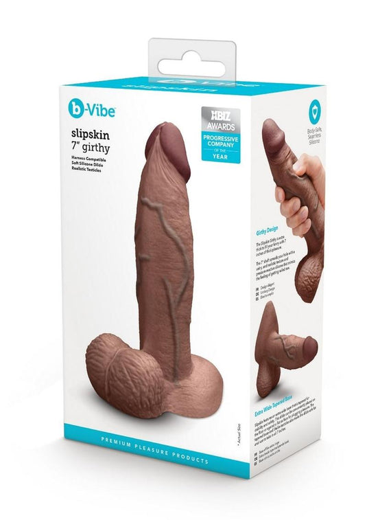 B-Vibe Slipskin Realistic Silicone Girthy Dildo - Chocolate - 7in