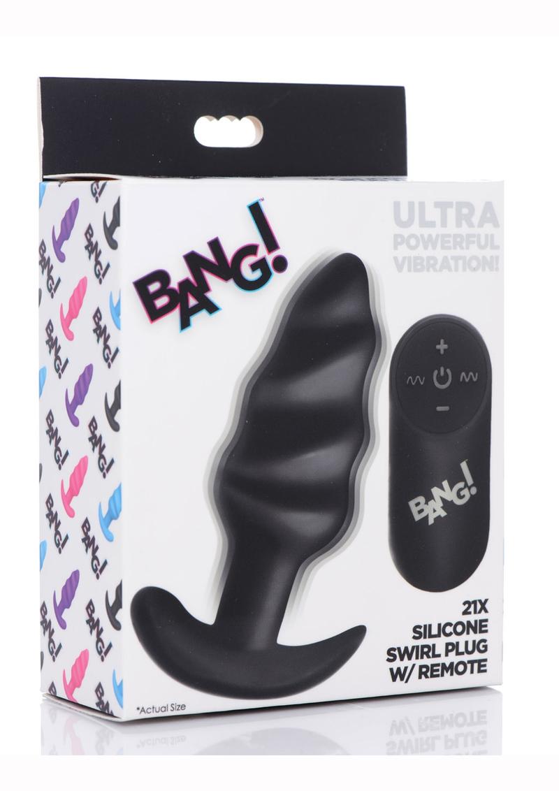 Load image into Gallery viewer, Bang! 21x Vibrating Silicone Rechargeable Swirl Butt Plug with Remote Control - Black
