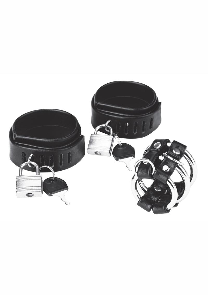 Load image into Gallery viewer, Blue Line C and B Gear Locking Ball Stretcher Cock Ring and Three-Ring Metal Cock Cage - Black/Metal

