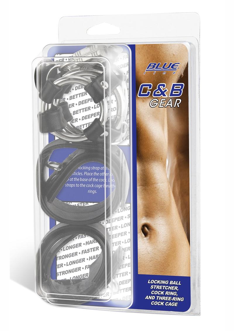 Load image into Gallery viewer, Blue Line C and B Gear Locking Ball Stretcher Cock Ring and Three-Ring Metal Cock Cage - Black/Metal
