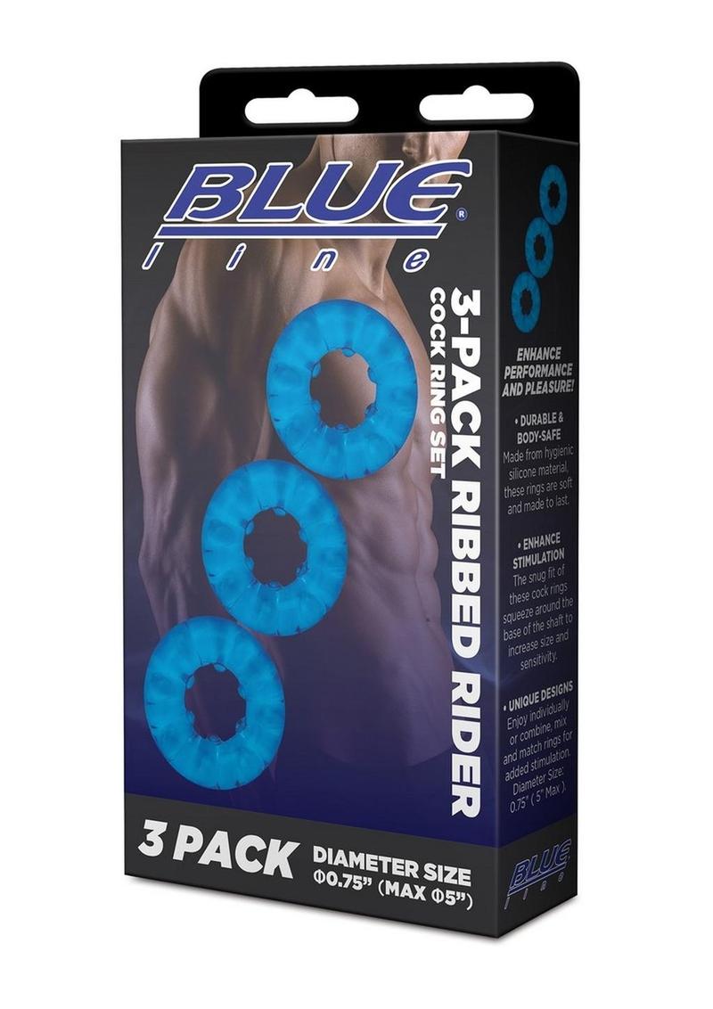 Load image into Gallery viewer, Blue Line Ribbed Rider Cock Ring - Blue - 3 Pack
