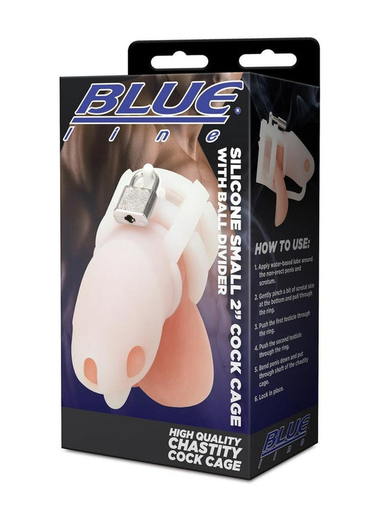 Blue Line Silicone Cock Cage with Ball Divider - White - Small - 2in