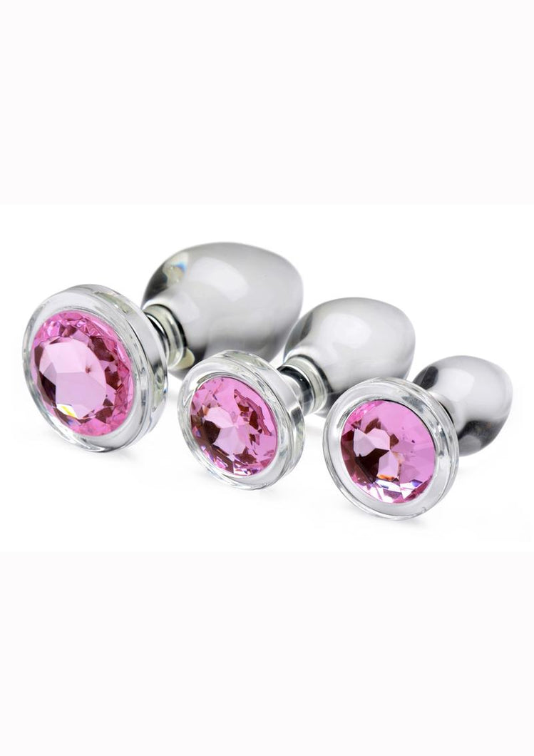 Booty Sparks Pink Gem Glass Anal Plug - Pink - 3 Pieces/Set