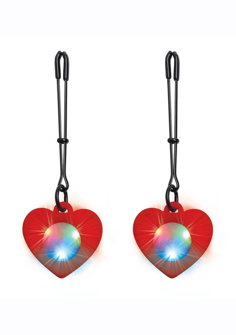 Load image into Gallery viewer, Charmed Silicone Light-Up Heart Tweezer Nipple Clamps - Red
