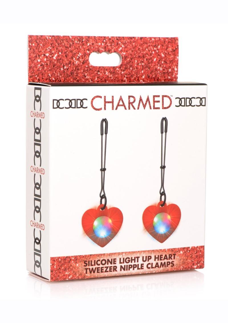 Load image into Gallery viewer, Charmed Silicone Light-Up Heart Tweezer Nipple Clamps - Red
