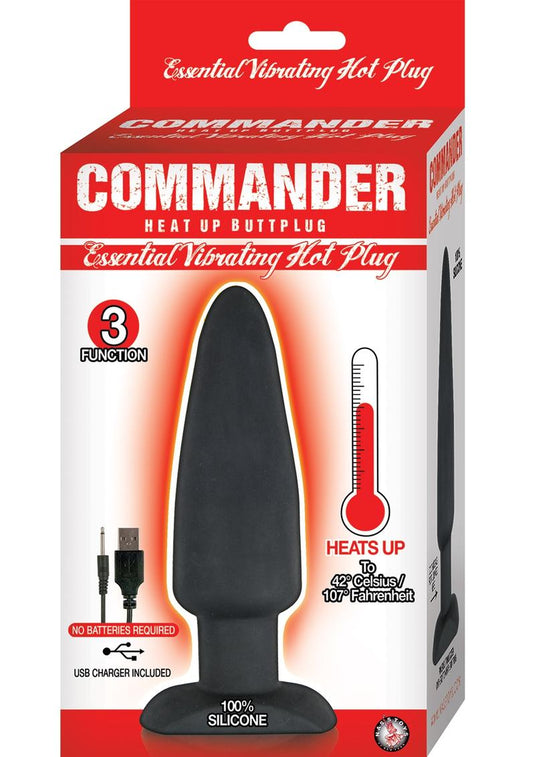 Commander Essential Silicone Rechargeable Vibrating Warming Butt Plug - Black