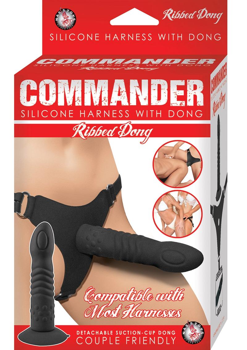 Load image into Gallery viewer, Commander Silicone Adjustable Harness with Ribbed Dildo - Black
