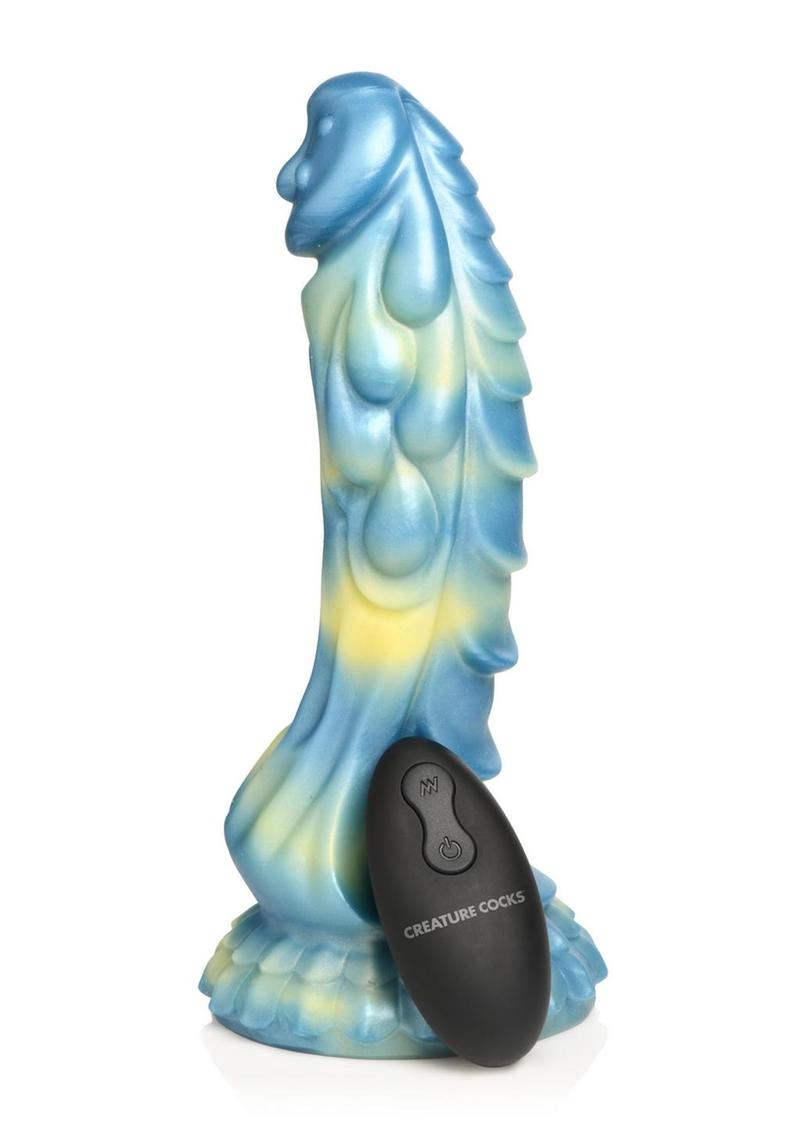 Load image into Gallery viewer, Creature Cocks Sea Stallion Silicone Rechargeable Dildo with Remote - Blue/Yellow
