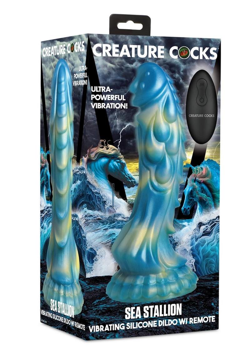 Load image into Gallery viewer, Creature Cocks Sea Stallion Silicone Rechargeable Dildo with Remote - Blue/Yellow
