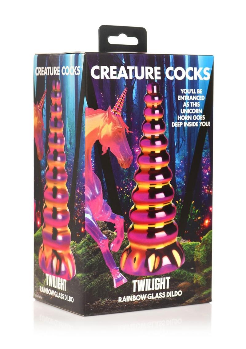Load image into Gallery viewer, Creature Cocks Twilight Rainbow Glass Dildo - Gold/Multicolor/Pink/Yellow
