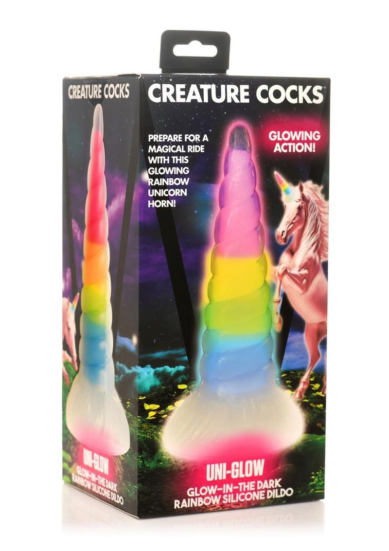 Load image into Gallery viewer, Creature Cocks Uni-Glow Glow In The Dark Silicone Dildo - Glow In The Dark/Multicolor/Rainbow
