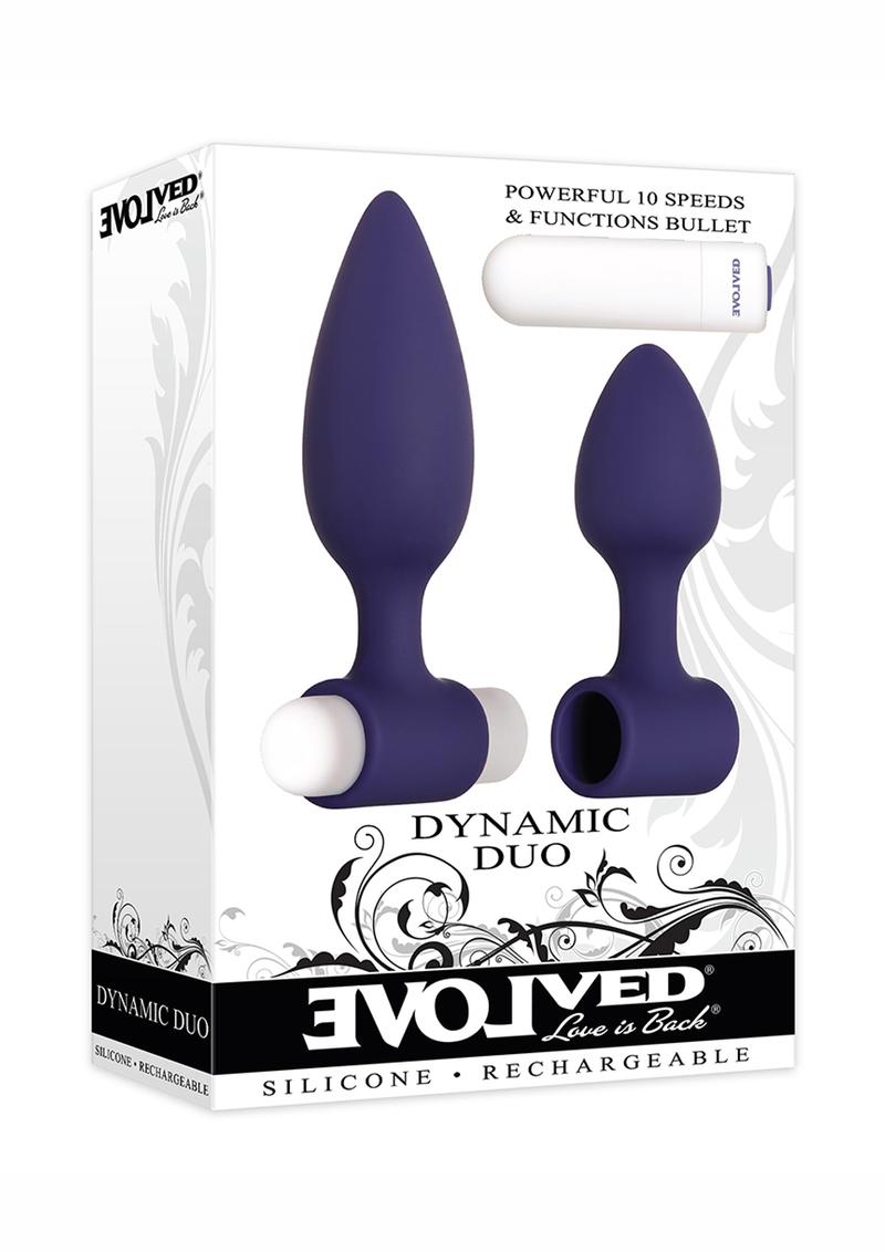 Load image into Gallery viewer, Dynamic Duo Rechargeable Silicone Vibrating Butt Plug - Purple/White - Large/Small - Set
