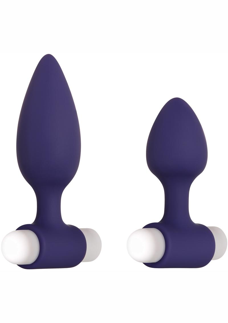 Load image into Gallery viewer, Dynamic Duo Rechargeable Silicone Vibrating Butt Plug - Purple/White - Large/Small - Set
