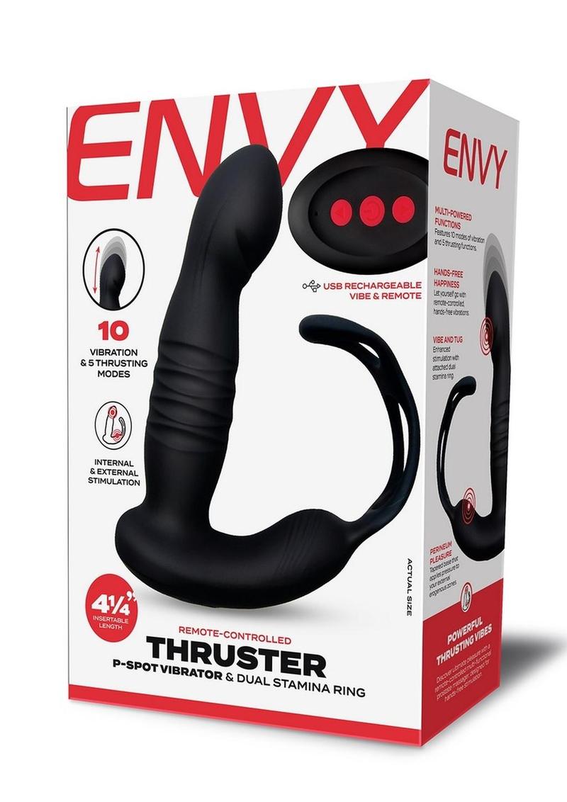 Load image into Gallery viewer, Envy Toys Remote Controlled Thruster Rechargeable Silicone P-Spot Vibrator and Dual Stamina Ring - Black
