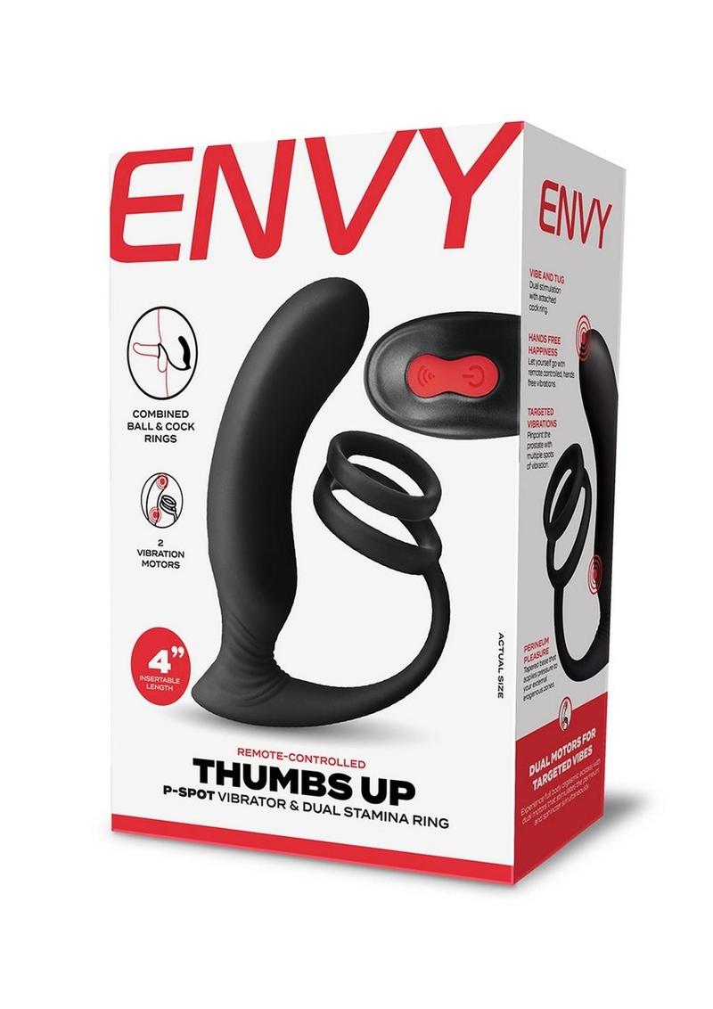 Load image into Gallery viewer, Envy Toys Thumbs Up Remote Controlled Rechargeable Silicone P-Spot Vibrator and Dual Stamina Ring - Black
