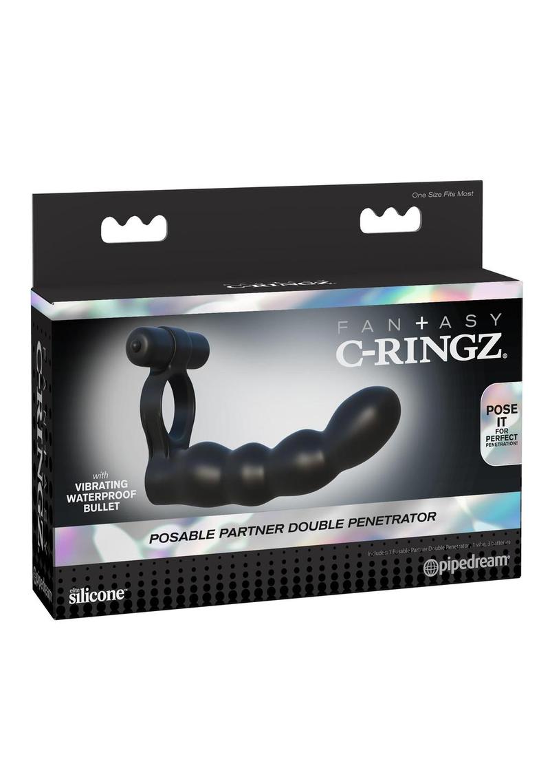 Load image into Gallery viewer, Fantasy C-Ringz Posable Partner Double Penetrator Cock Ring with Bullet - Black
