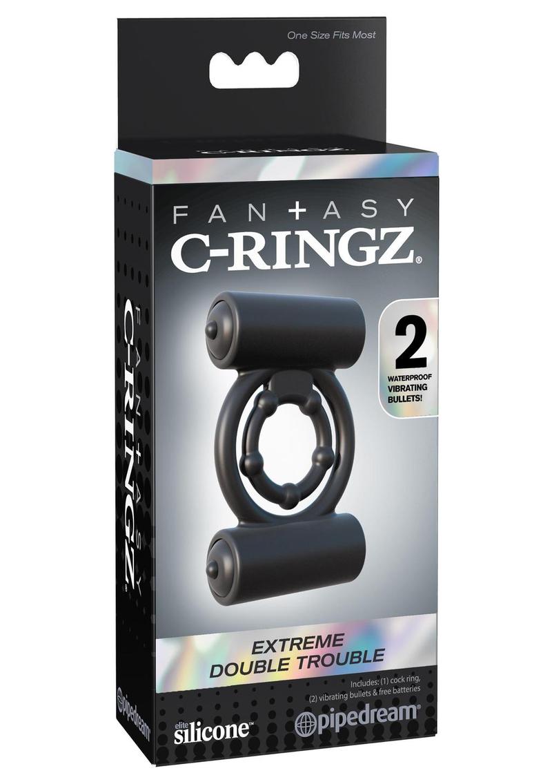 Load image into Gallery viewer, Fantasy C-Ringz Silicone Extreme Double Trouble Cock Ring with Bullets - Black
