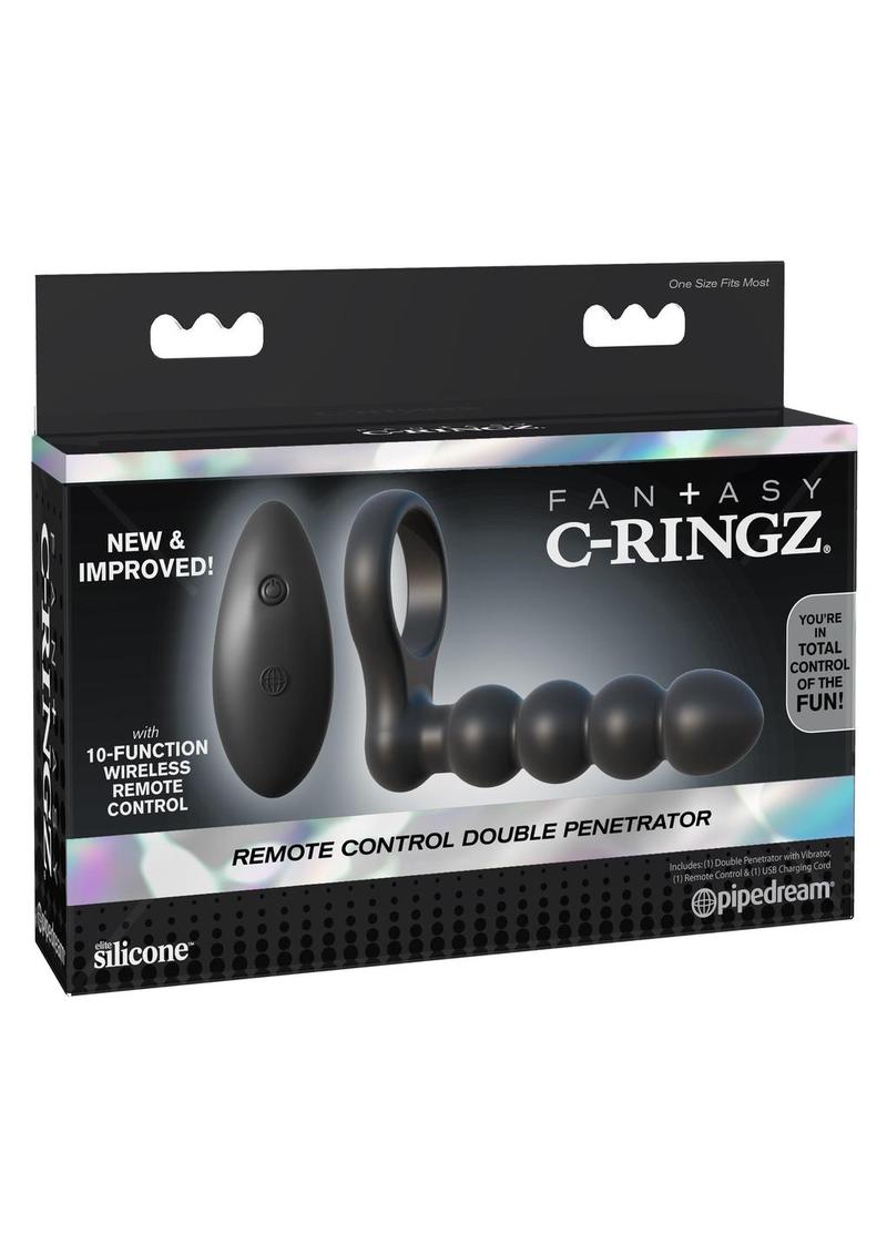 Load image into Gallery viewer, Fantasy C-Ringz Silicone Rechargeable Cock Ring Double Penetrator with Remote Control - Black
