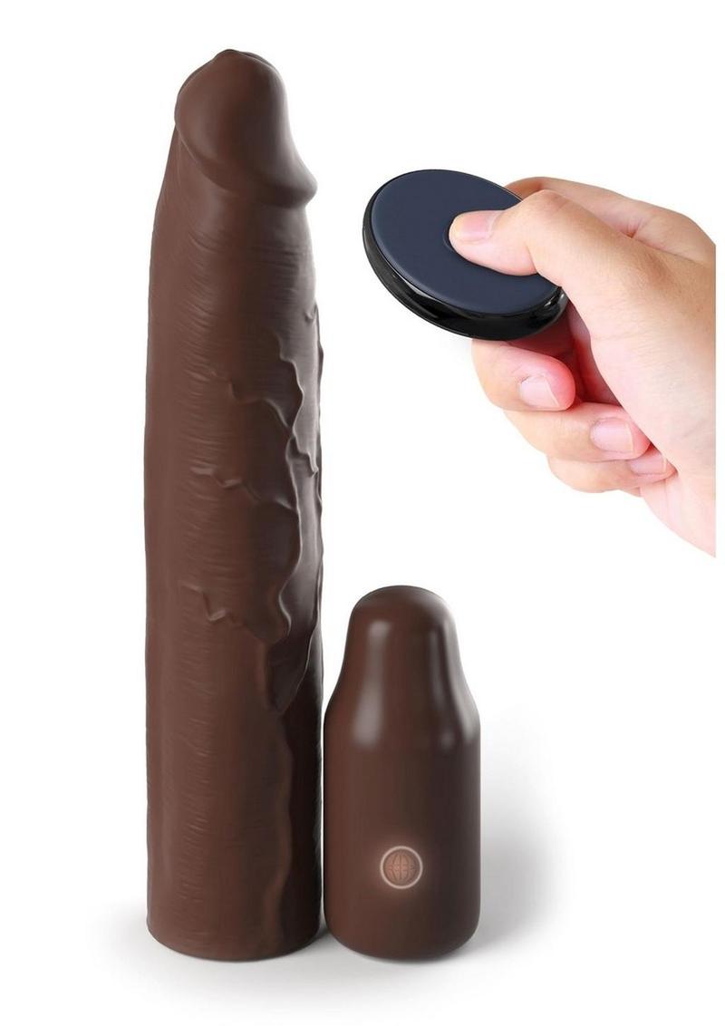 Load image into Gallery viewer, Fantasy X-Tensions Elite Silicone Vibrating 9in Sleeve with 3in Plug and Remote - Chocolate
