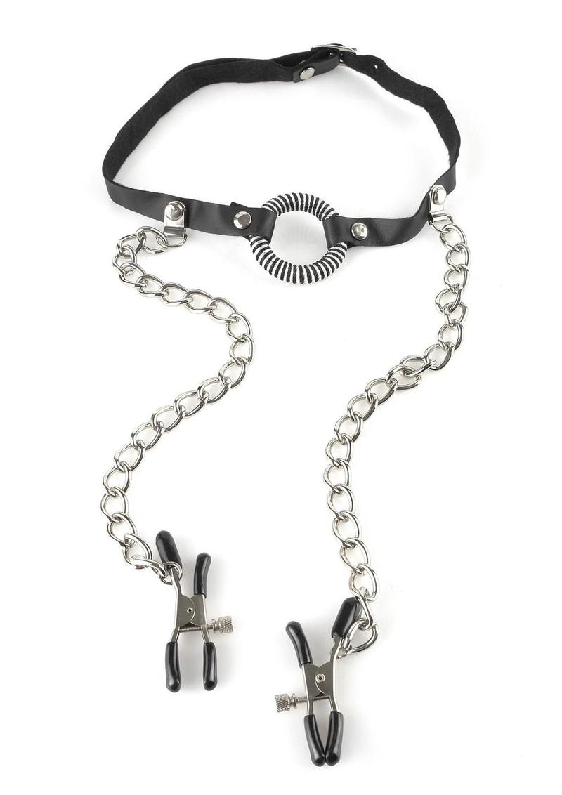 Load image into Gallery viewer, Fetish Fantasy O-Ring Gag with Nipple Clamps - Black/Silver
