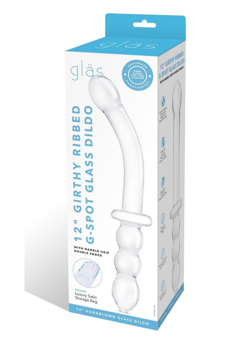 Load image into Gallery viewer, Glas Girthy Ribbed G-Spot Glass Dildo with Handle Grip Double End - Clear - 12in
