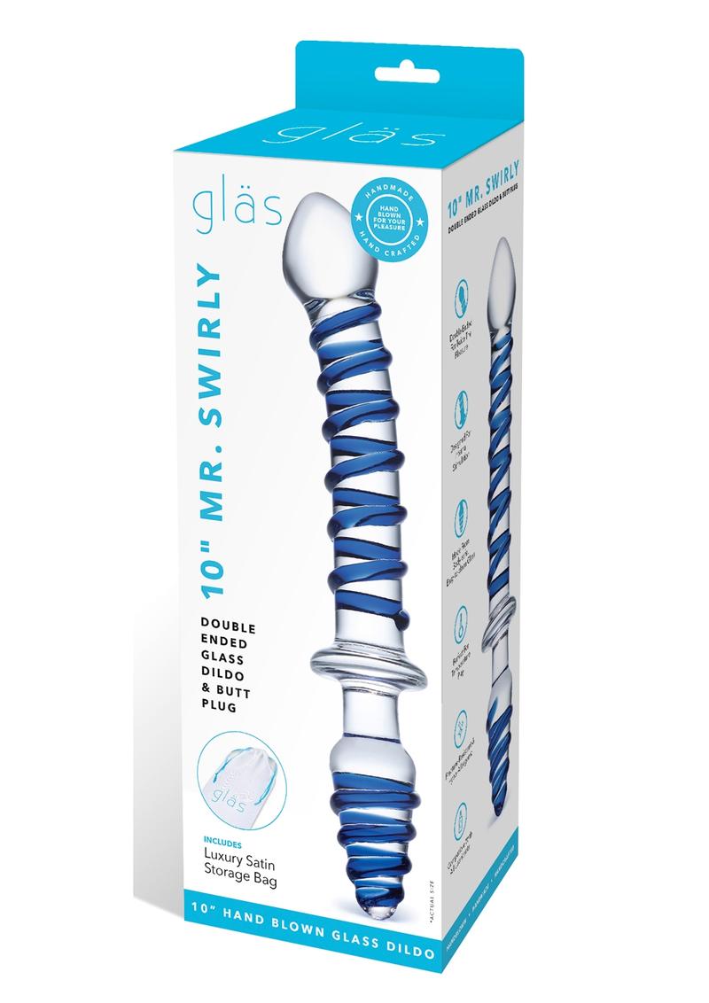 Load image into Gallery viewer, Glas Mr Swirly Double Ended Glass Dildo and Butt Plug - Blue/Clear - 10in
