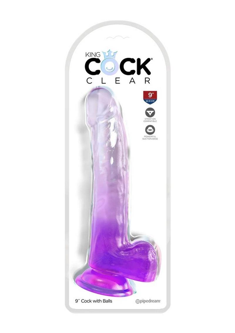 Load image into Gallery viewer, King Cock Clear Dildo with Balls - Clear/Purple - 9in
