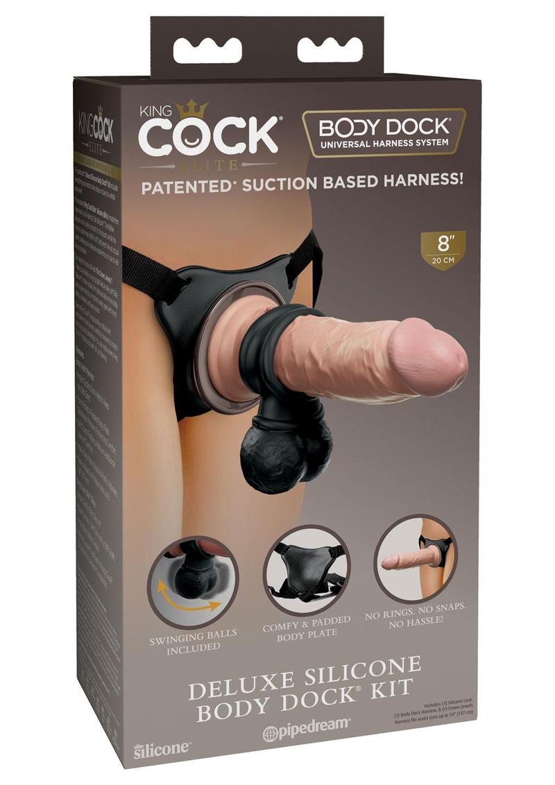 Load image into Gallery viewer, King Cock Deluxe Silicone Body Dock Strap-On Kit with Swinging Crown Jewels and Dildo - Black/Vanilla - 8in
