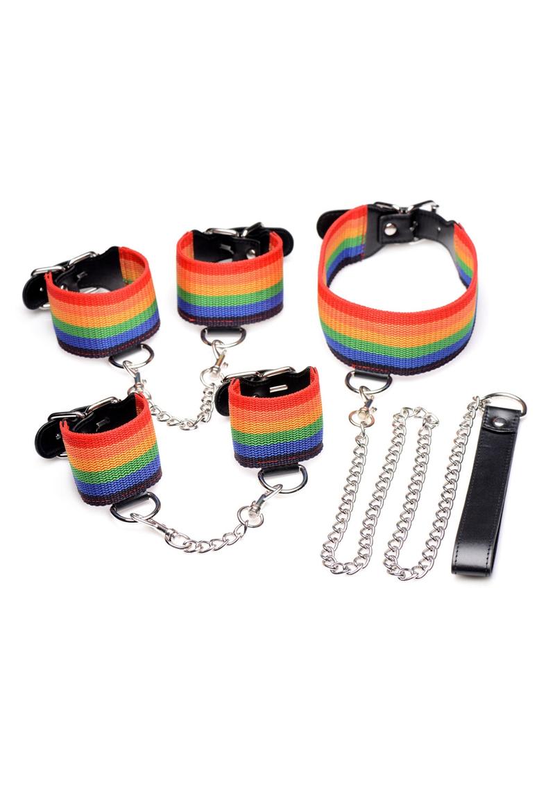 Load image into Gallery viewer, Kinky Pride Rainbow Bondage Set - Wrist/Ankle Cuffs and Collar with Leash
