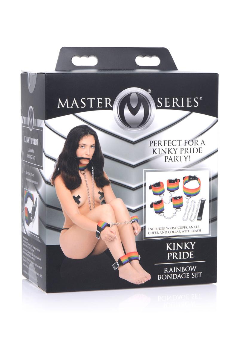 Load image into Gallery viewer, Kinky Pride Rainbow Bondage Set - Wrist/Ankle Cuffs and Collar with Leash
