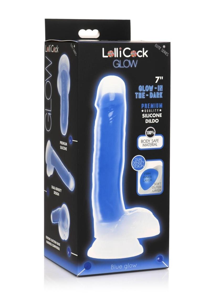 Load image into Gallery viewer, Lollicock Glow In The Dark Silicone Dildo with Balls - Blue/Glow In The Dark - 7in
