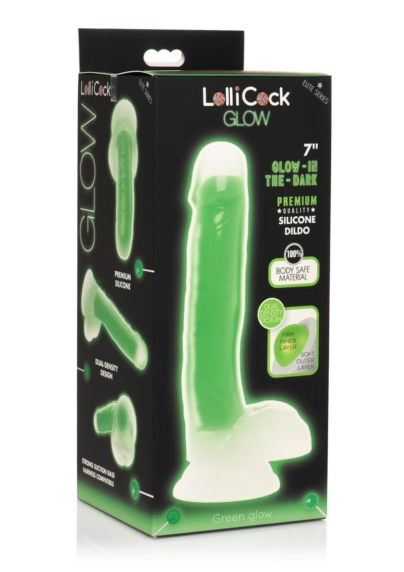 Load image into Gallery viewer, Lollicock Glow In The Dark Silicone Dildo with Balls - Glow In The Dark/Green - 7in
