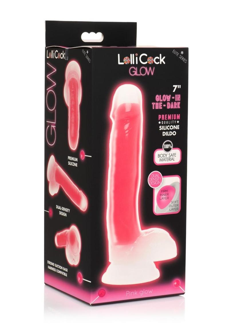 Load image into Gallery viewer, Lollicock Glow In The Dark Silicone Dildo with Balls - Glow In The Dark/Pink - 7in
