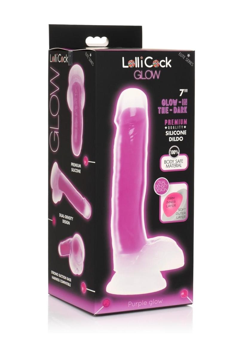 Load image into Gallery viewer, Lollicock Glow In The Dark Silicone Dildo with Balls - Glow In The Dark/Purple - 7in
