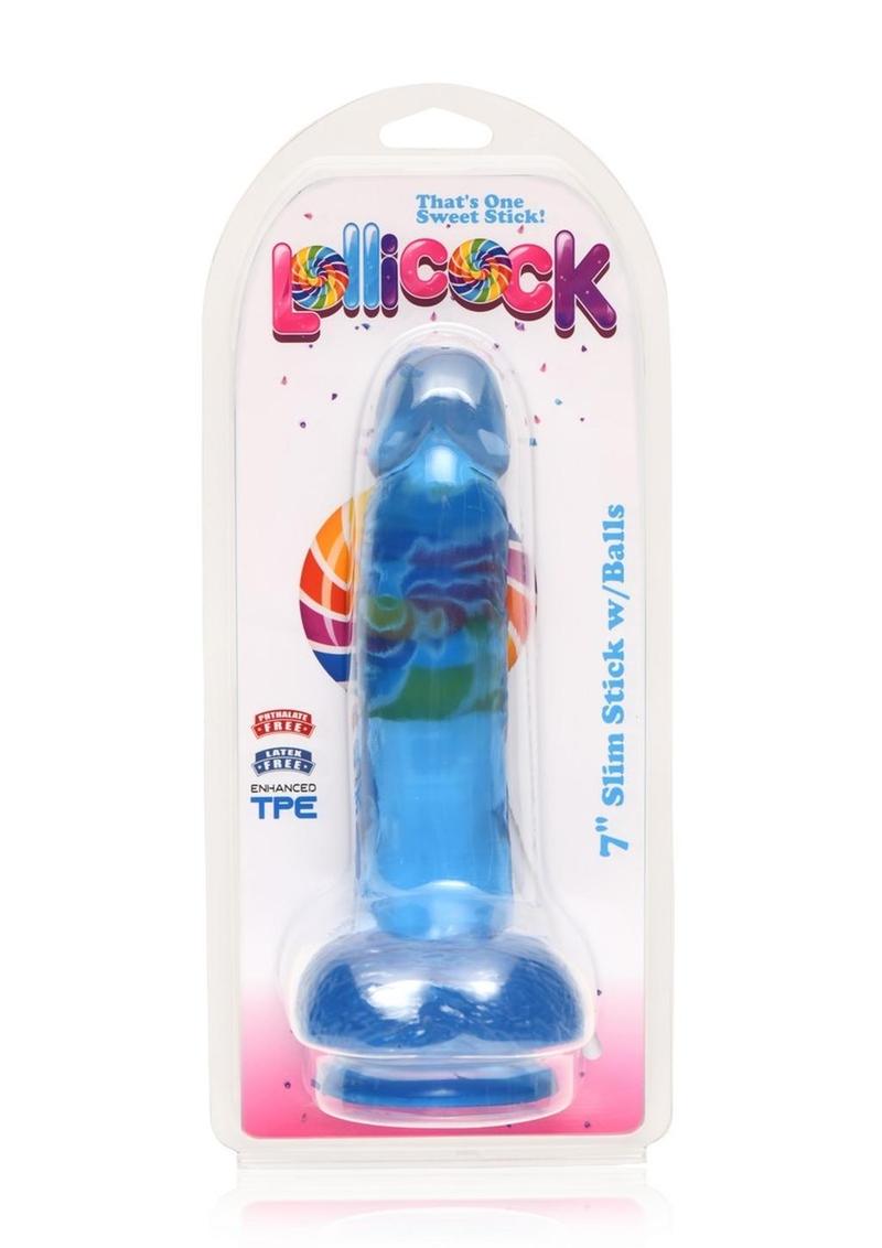 Load image into Gallery viewer, Lollicock Slim Stick Dildo with Balls - Berry Ice/Blue - 7in
