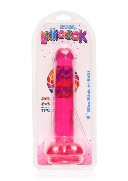 Lollicock Slim Stick Dildo with Balls - Cherry Ice/Red - 8in