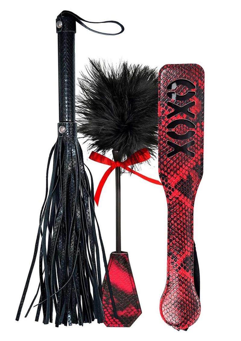 Load image into Gallery viewer, Lovers Kits Whip, Tickle and Paddle - Black/Red
