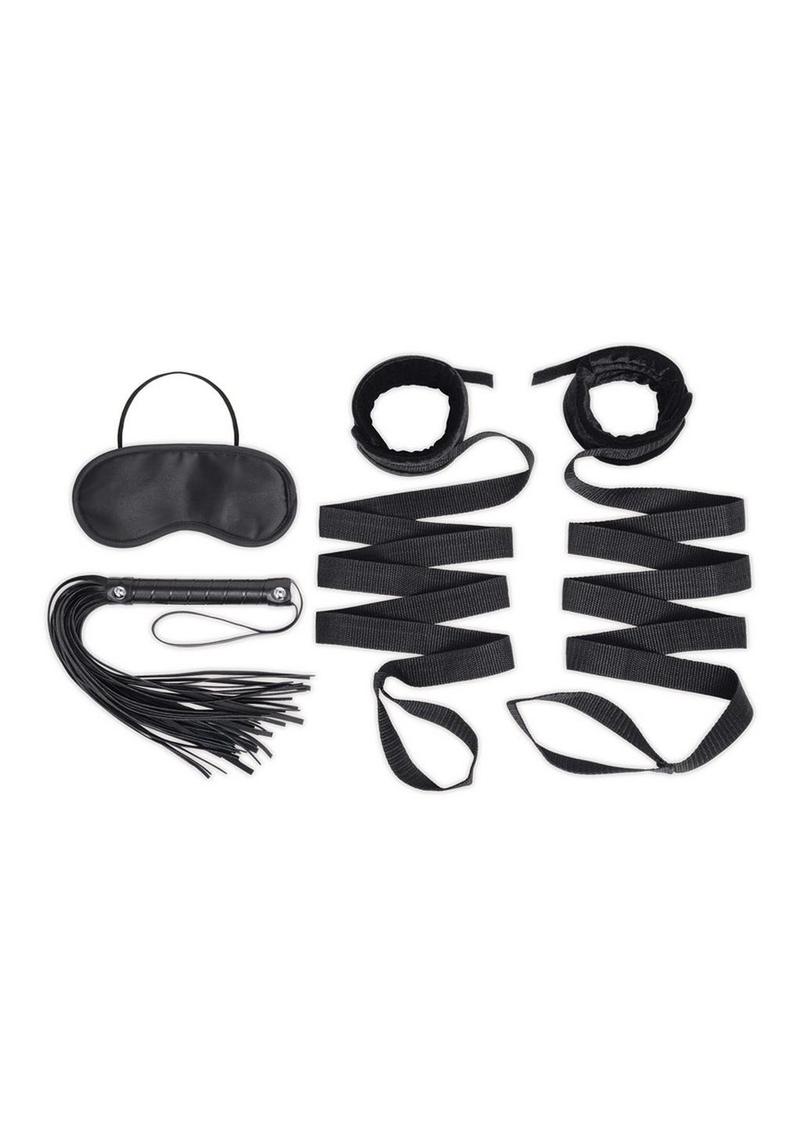 Load image into Gallery viewer, Lux Fetish Bondage Bed Strap and Flogger Kit - Black - 4 Piece
