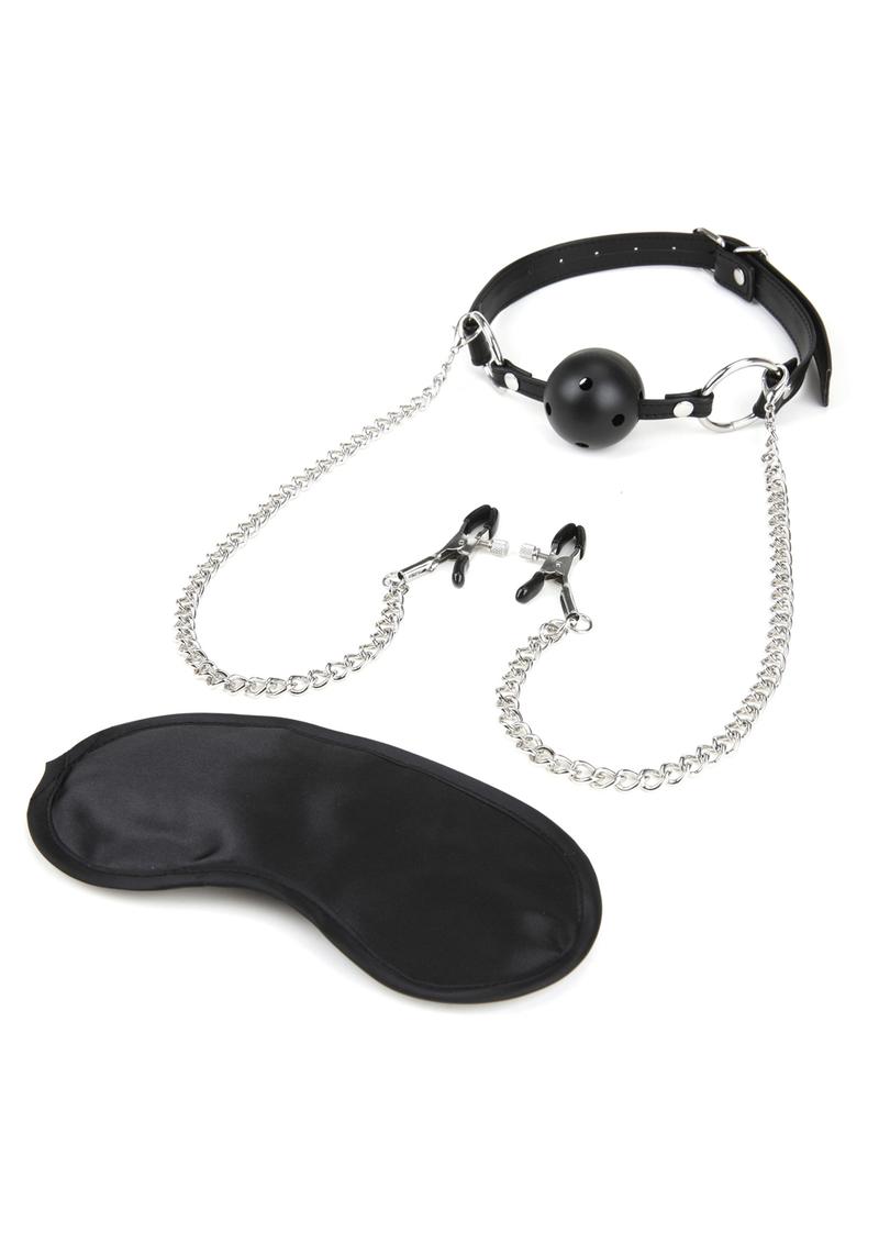 Load image into Gallery viewer, Lux Fetish Breathable Ball Gag with Nipple Clamps Adjustable - Black
