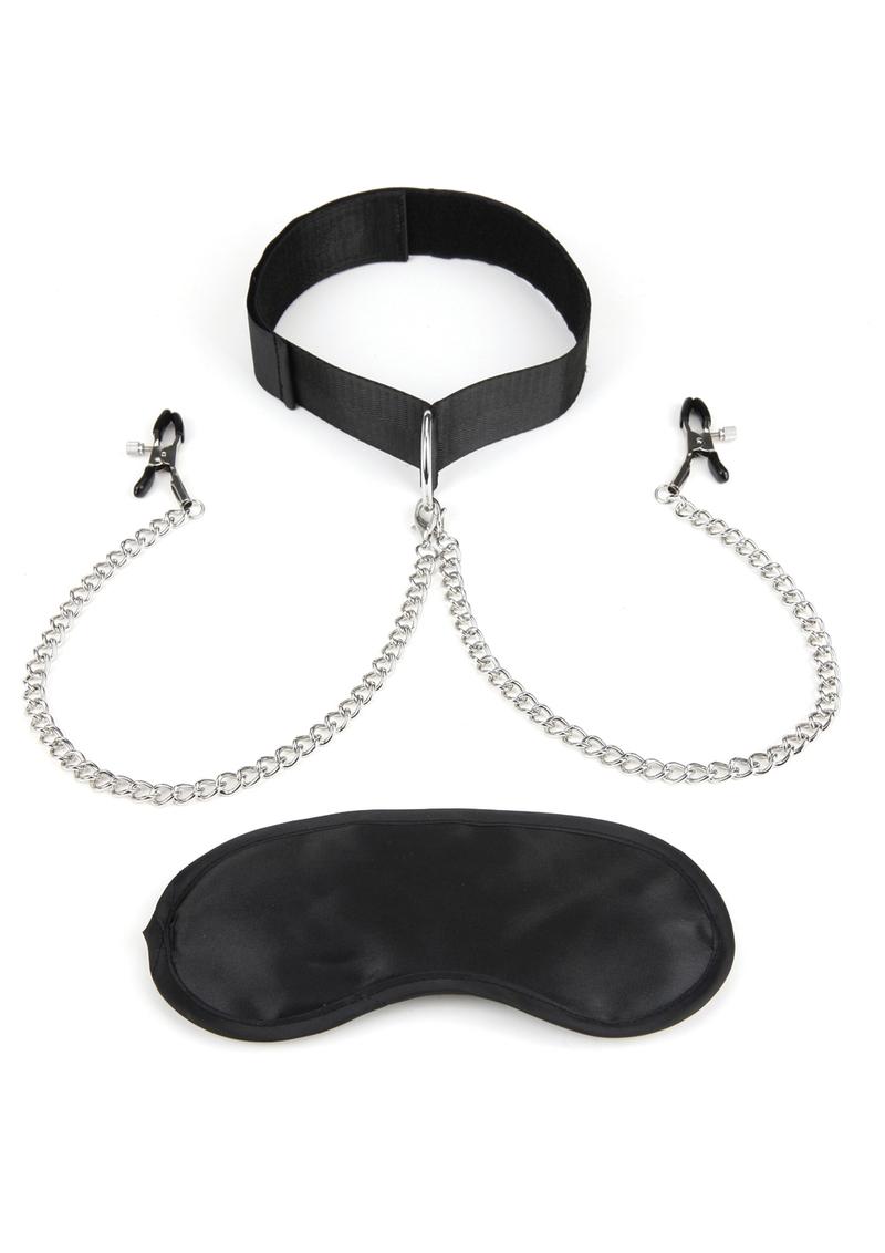 Load image into Gallery viewer, Lux Fetish Collar and Nipple Clamps with Adjustable Clamps - Black
