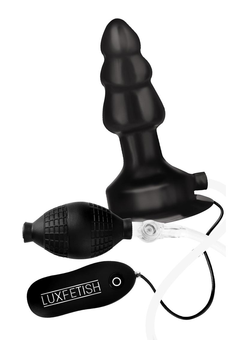 Load image into Gallery viewer, Lux Fetish Inflatable Vibrating Butt Plug with Suction Base and Remote Control - Black - 4in
