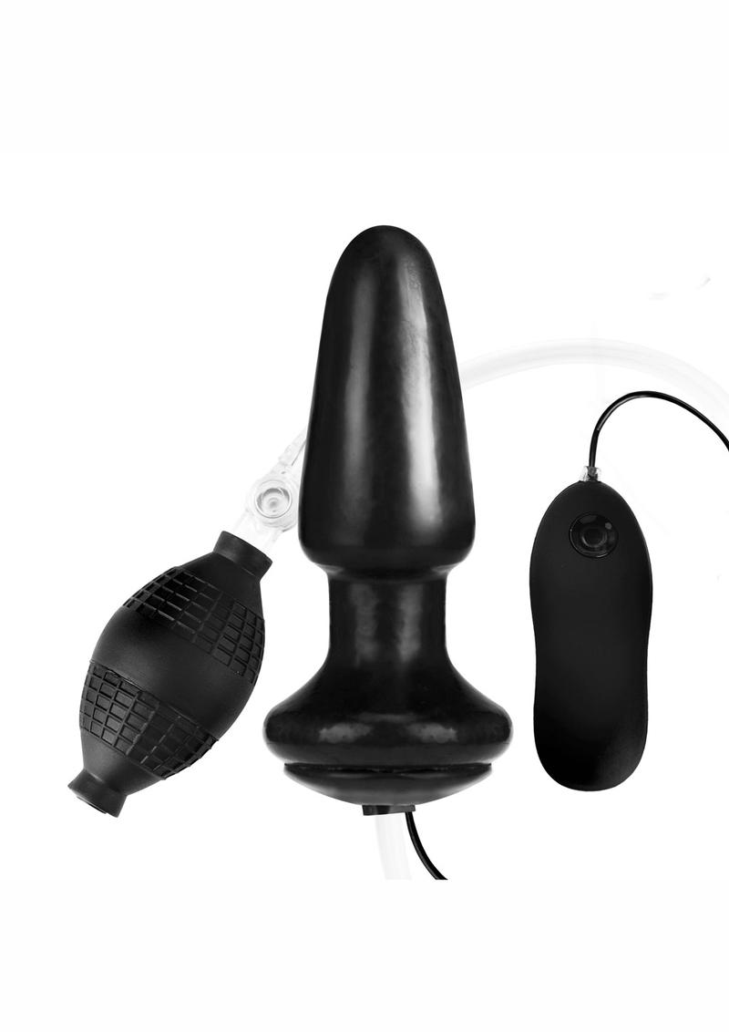 Load image into Gallery viewer, Lux Fetish Latex Inflatable Vibrating Butt Plug with Wired Remote Control - Black - 4in
