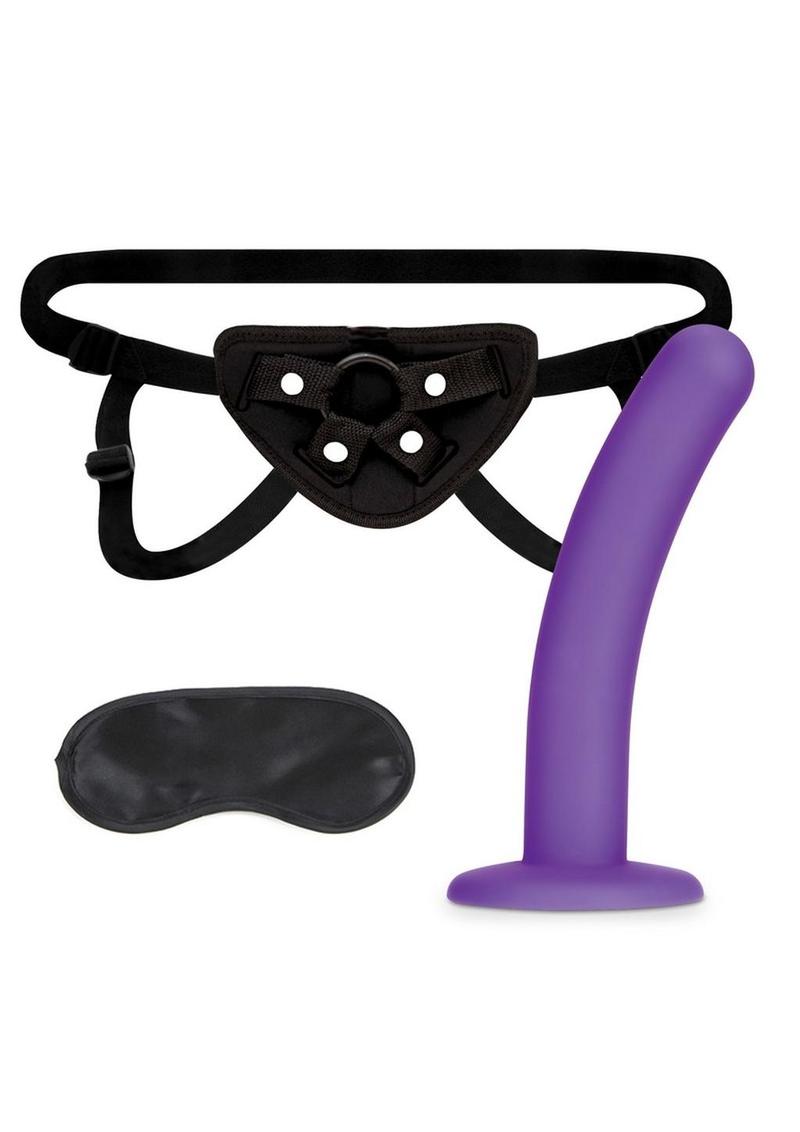 Load image into Gallery viewer, Lux Fetish Strap-On Harness and Silicone Dildo - Black/Purple - 5in - Set
