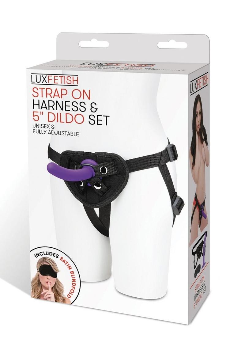 Load image into Gallery viewer, Lux Fetish Strap-On Harness and Silicone Dildo - Black/Purple - 5in - Set
