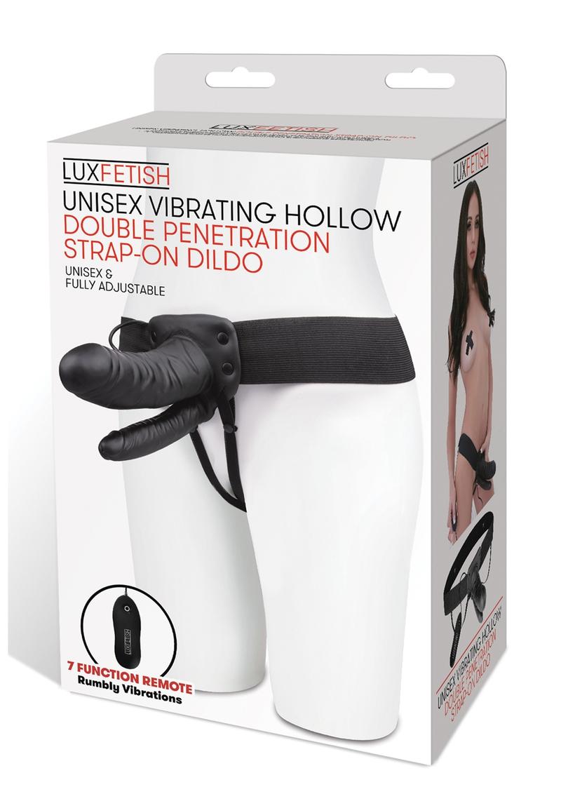 Load image into Gallery viewer, Lux Fetish Unisex Vibrating Hollow Double Penetration Strap-On Dildo with Wired Remote Control - Black - 9in
