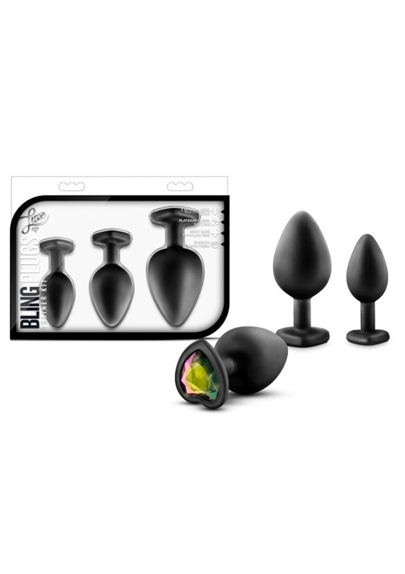 Load image into Gallery viewer, Luxe Bling Butt Plugs Silicone Training Kit with Rainbow Gems (3 Size Kit - Black/Multicolor
