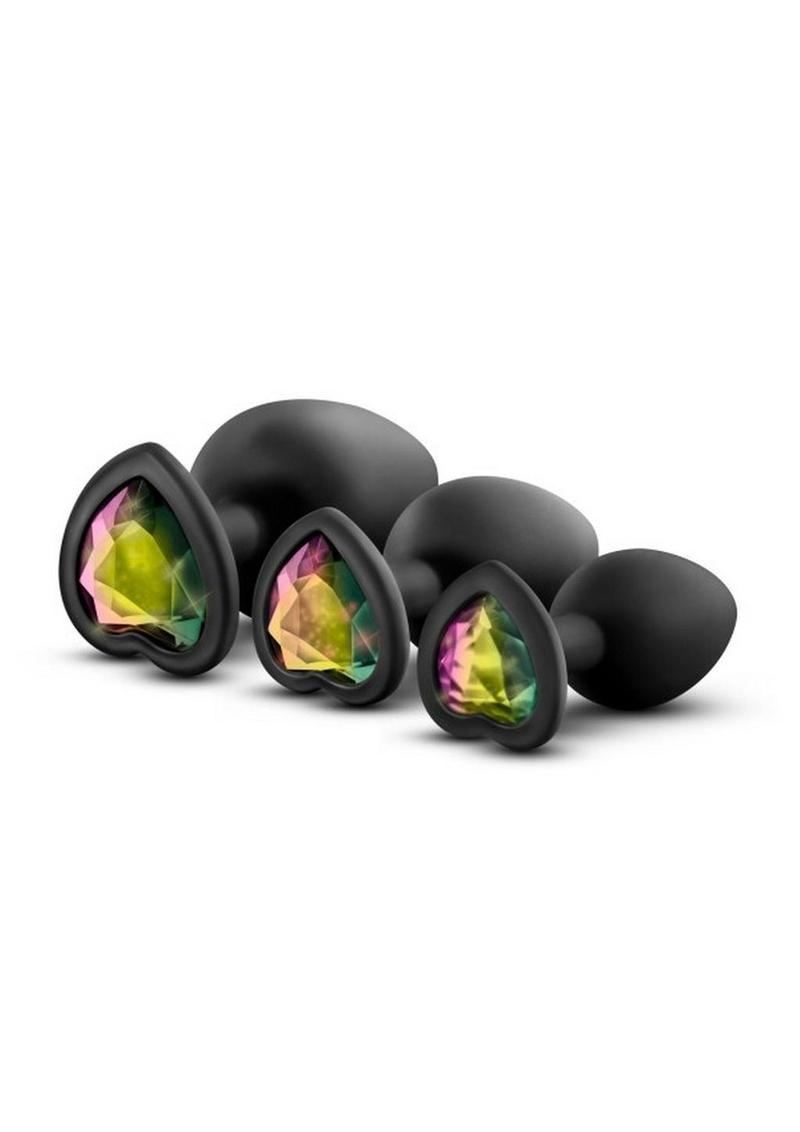 Load image into Gallery viewer, Luxe Bling Butt Plugs Silicone Training Kit with Rainbow Gems (3 Size Kit - Black/Multicolor
