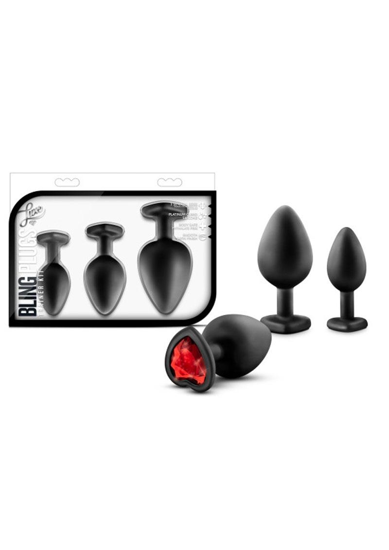 Load image into Gallery viewer, Luxe Bling Butt Plugs Silicone Training Kit with Red Gems (3 Size Kit - Black/Red
